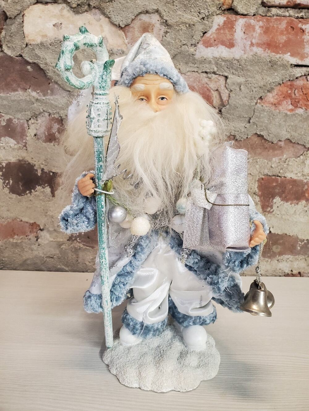Santa Claus Figure Winter Christmas Silver Blue White Beard 13.5 Inch Holiday